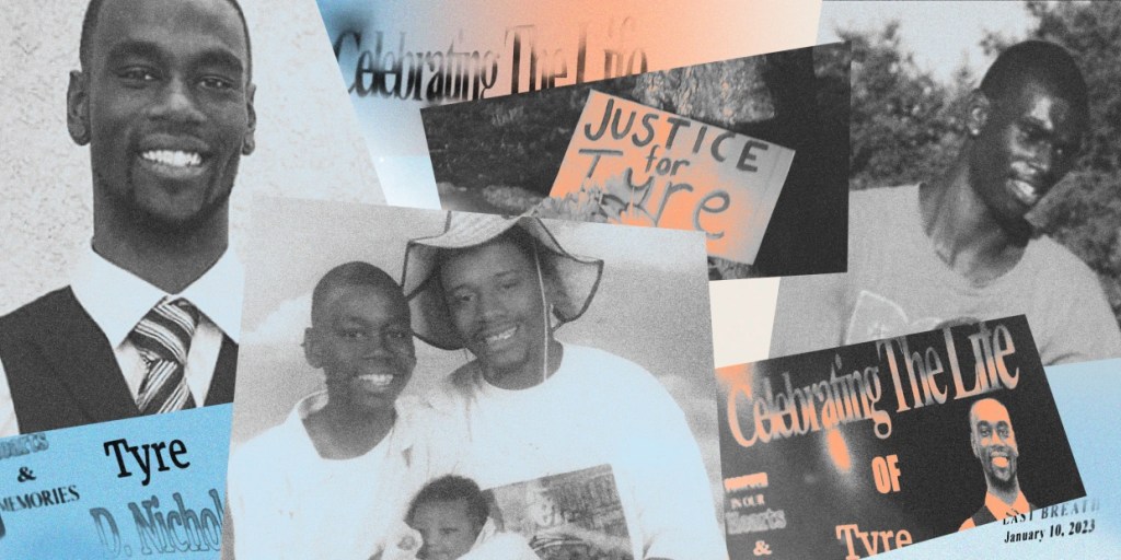 A collage of images of Tyre Nichols, smiling and protest signs. Photo credit to ABC News: https://www.nbcnews.com/news/us-news/tyre-nichols-loved-family-photographing-sunsets-skateboarding-rcna67521